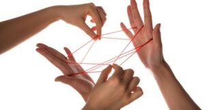 People playing cats cradle game,close-up