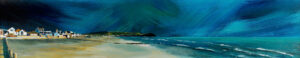 Painting of a beach and seascape in bright blues