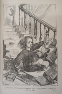 Illustration of Kathleen with her grammar books and dictionaries tumbling downstairs.