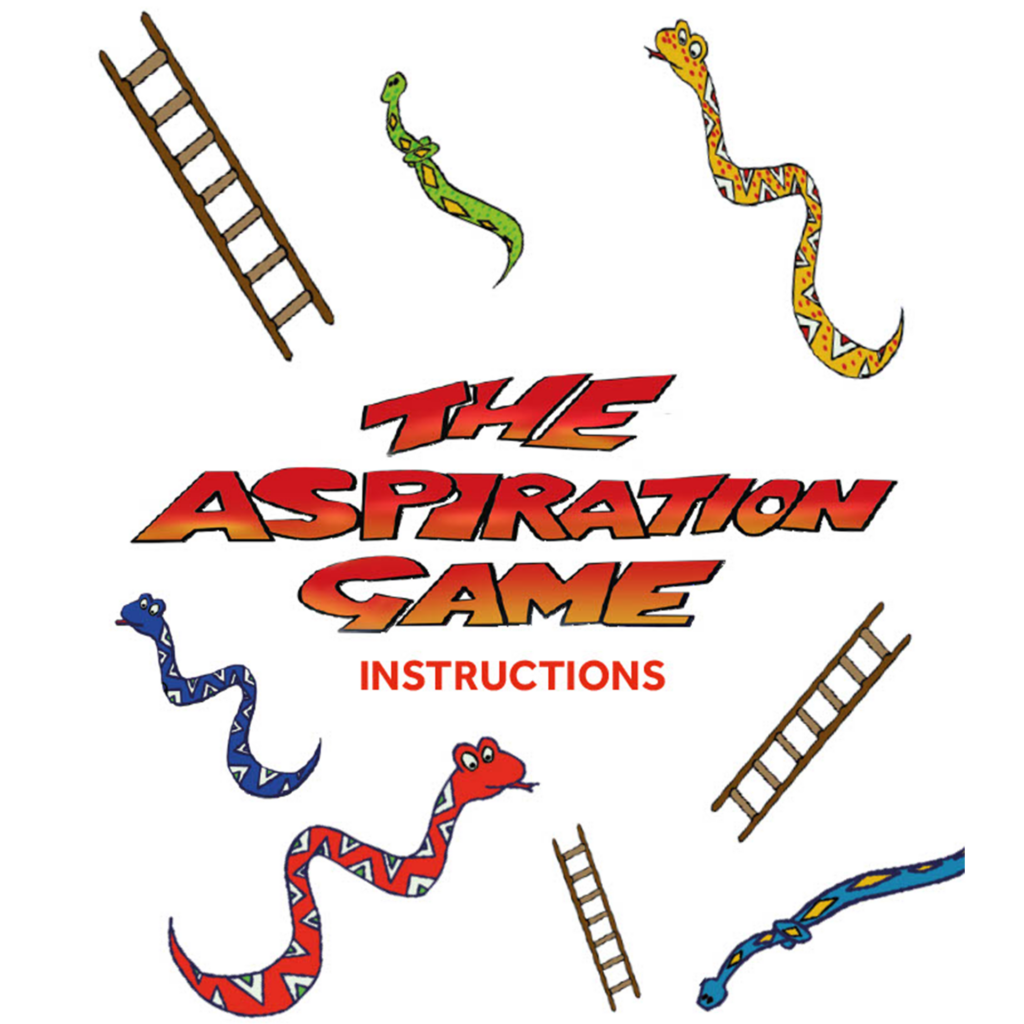 The Aspiration Game with snakes and ladders surrounding the text.