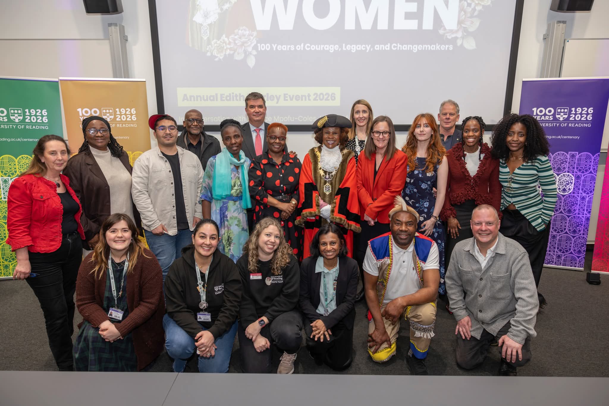 A group gathered at the end of Dr Alice Mpofu-Coles delivering the University of Reading's Edith Morley lecture, 2026.