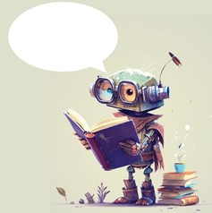 An robot-like character (CuratorBot mascot) with books and a speech bubble
