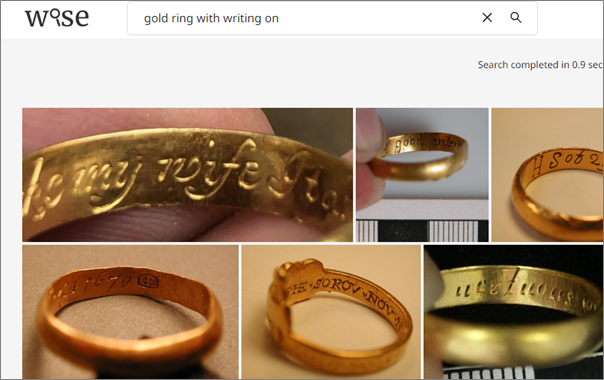 Screenshot of searching the PAS image set using the term 'gold ring with writing on'