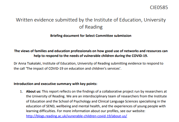 NEWS – Written evidence by Dr. Anna Tsakalaki (Lecturer in Education) is accepted and published by the Education Select Committee