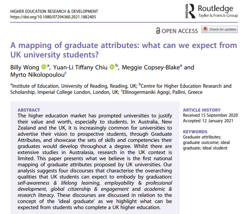 NEWS – Latest research article by Dr. Billy Wong (Associate Professor in Widening Participation, University of Reading) on graduate attributes in higher education