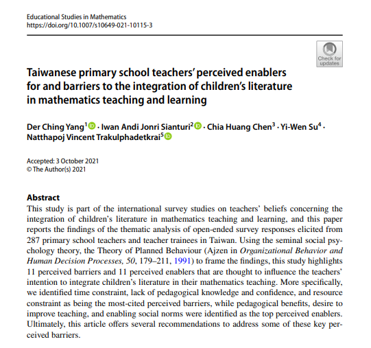 NEWS – Latest research article by Dr. Natthapoj Vincent Trakulphadetkrai (Associate Professor of Mathematics Education, University of Reading) on Taiwanese primary school teachers’ perceived barriers to and enablers for the integration of children’s literature in mathematics teaching and learning is published in the Educational Studies in Mathematics journal