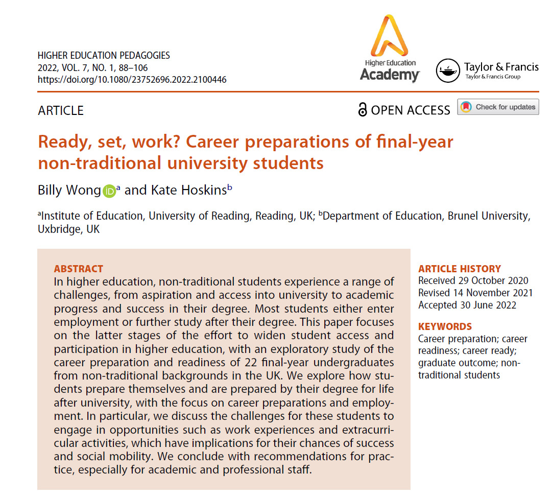 NEWS – New research article by Dr. Billy Wong (Associate Professor in Widening Participation, University of Reading) on the career readiness of university graduates from ‘non-traditional’ backgrounds is published in the Higher Education Pedagogies journal