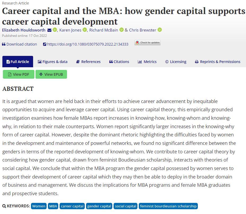 NEWS – Dr. Karen Jones (Associate Professor of Educational Leadership & Management, University of Reading) has published a research paper (co-authored with colleagues from Henley Business School) on how gender capital supports career capital development in the Studies in Higher Education journal