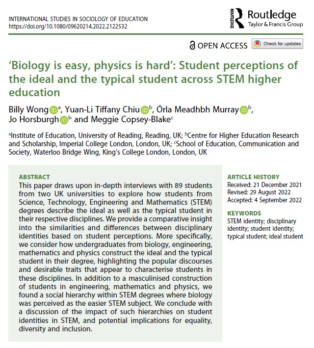 NEWS – New co-authored research paper by Dr. Billy Wong (Associate Professor in Widening Participation, University of Reading) on the ideal student in physics, mathematics, engineering and biology published in the International Studies in Sociology of Education journal