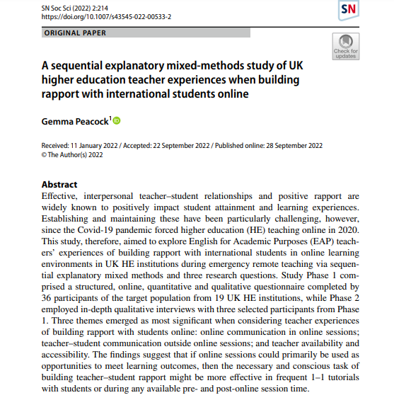 NEWS – Gemma Peacock (an EdD student at the University of Reading’s Institute of Education) publishes her research paper on UK higher education teacher experiences when building rapport with international students online