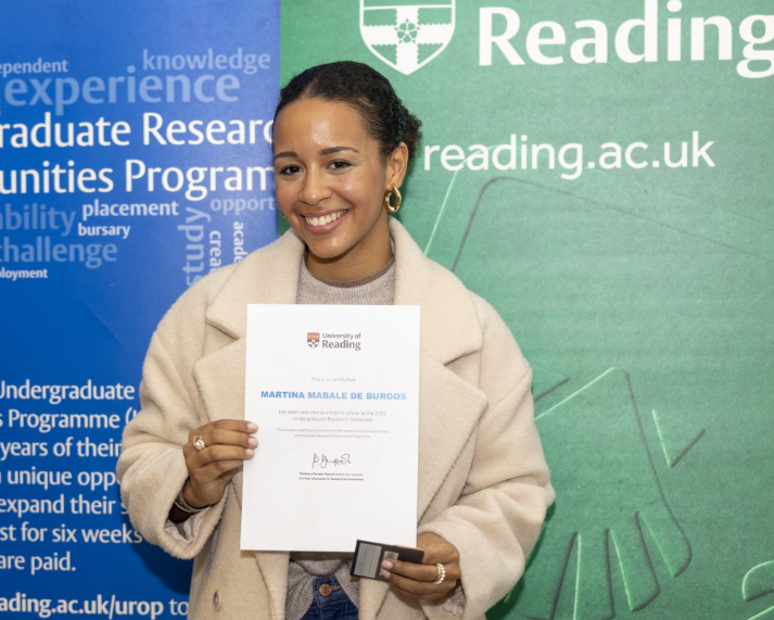 NEWS – Martina Mbale De Burgos, a student supporting an Institute of Education research project, was one of the two overall winners of the University of Reading’s annual Undergraduate Research Opportunities Programme (UROP) awards