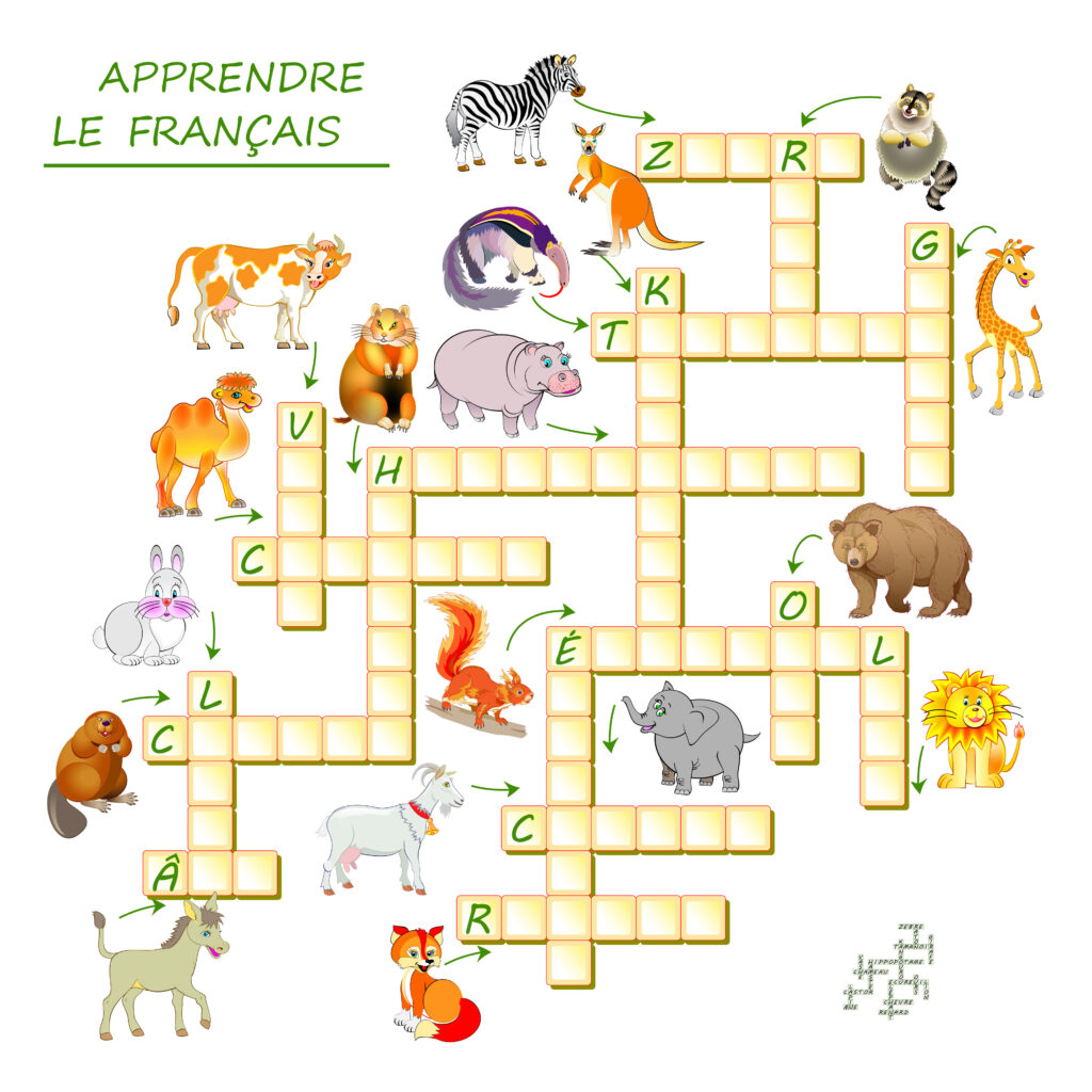 Learn French. Crossword puzzle game with animals. Educational page for children to study French language and words. Printable worksheet for kids textbook. Back to school.