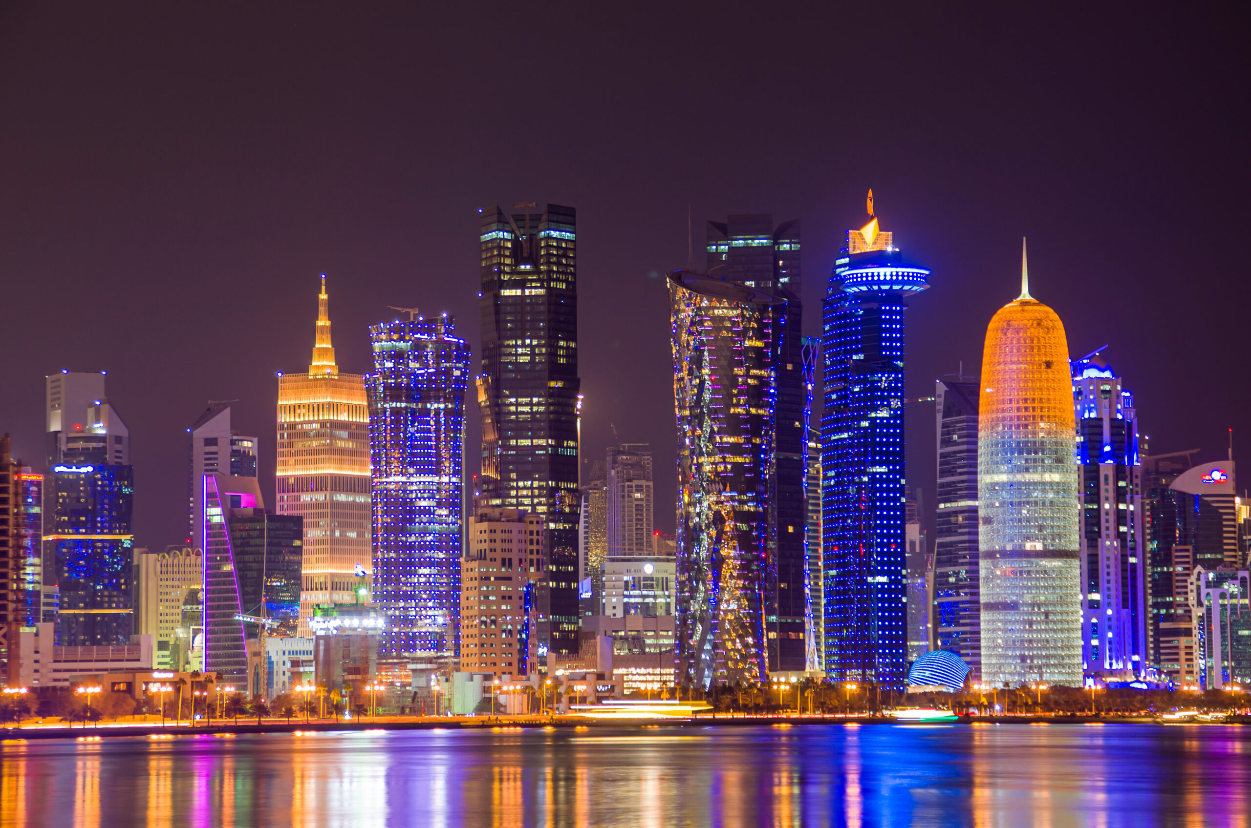 The skyline of the modern and high-rising city of Doha in Qatar,