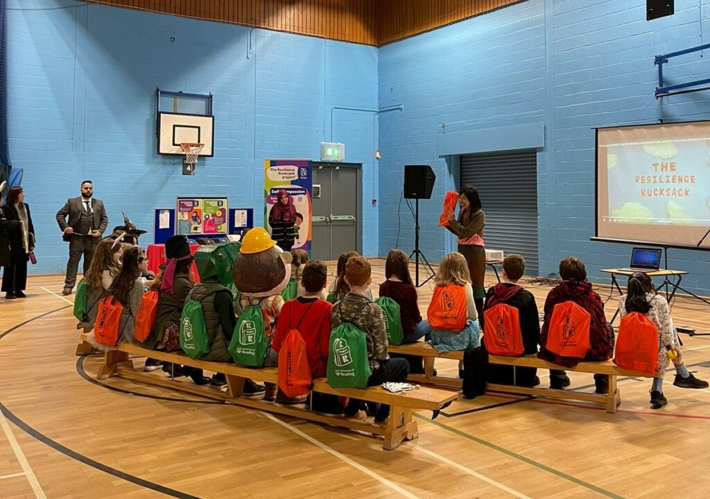 schoolchildren watching Resilience Rucksacks presentation