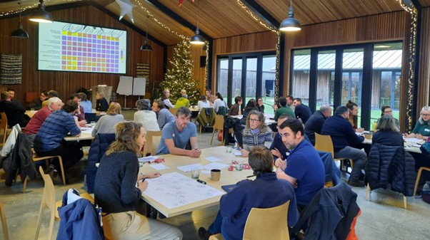 A photo of participants co-designing tools and identifying opportunities to increase agroforestry adoption. Each table had farmers, researchers, policy makers, and other stakeholders to ensure we had a diversity of views from across the agricultural sector.