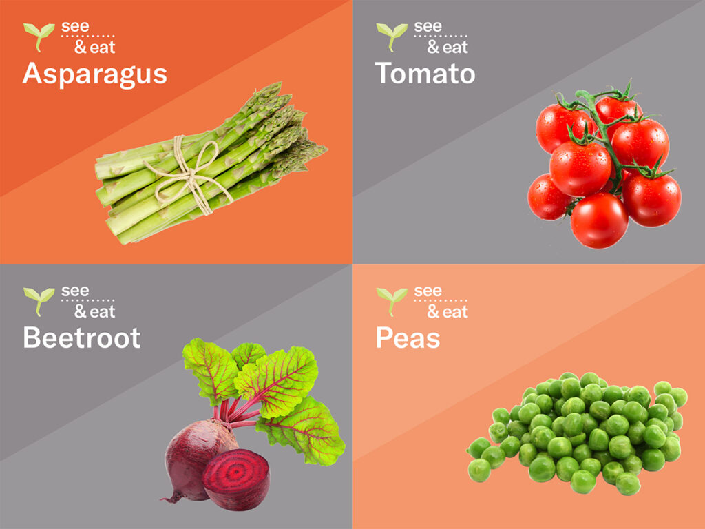 See&Eat book covers showing asparagus, tomato, beetroot and peas, picture book featuring images of meals with vegetables, supporting early food familiarity.