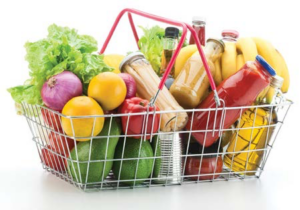 A shopping basket containing various groceries