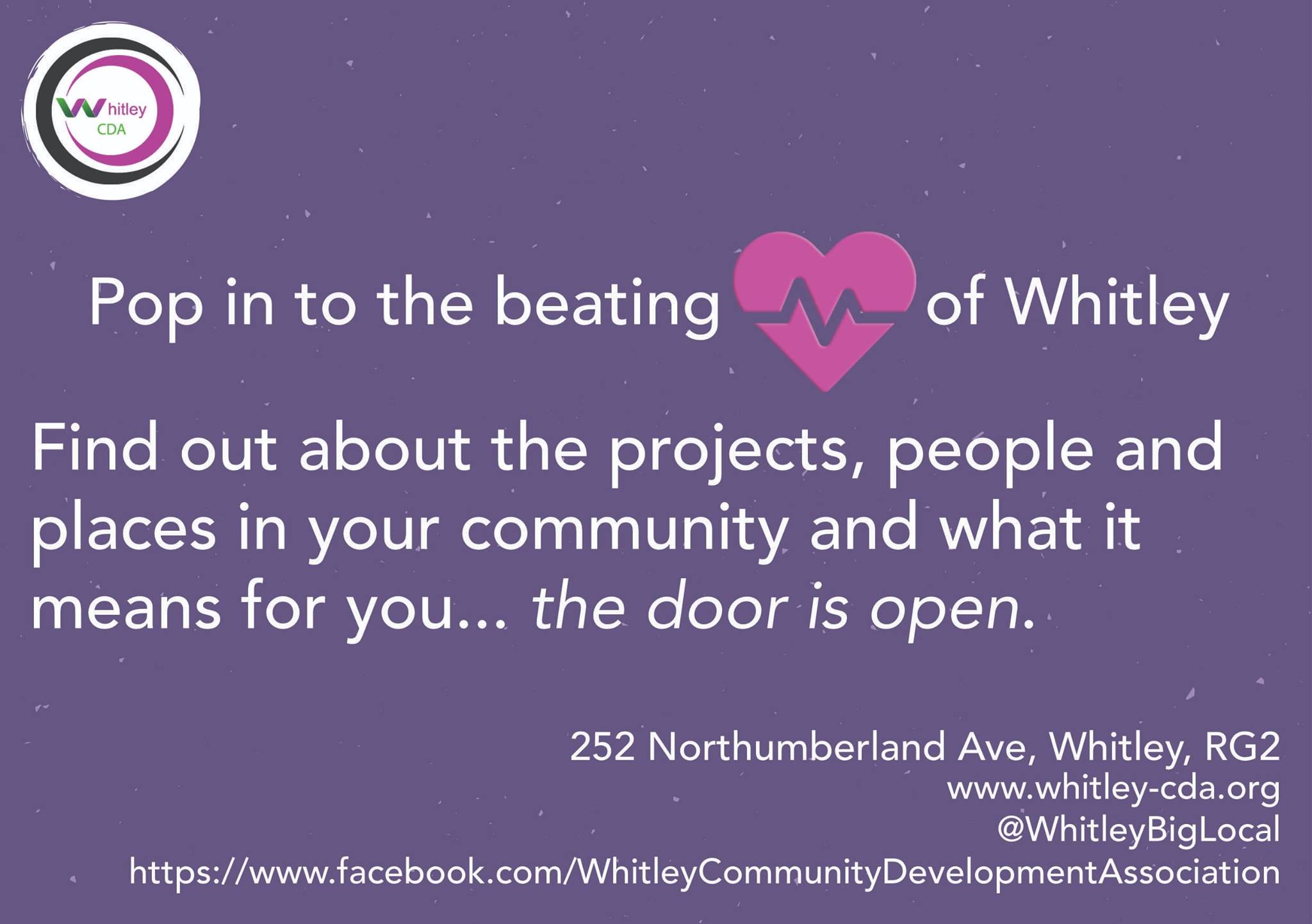 Whitley Community Development Association Facebook banner. 'Pop into the beating heart of Whitley'