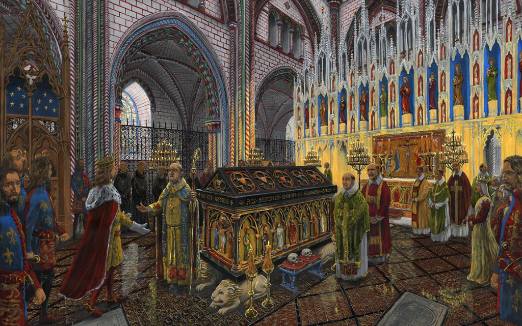 An illustrative reconstruction of the visit of Edward III to King Arthur's tomb in December 1331 (© Dominic Andrews, www.archaeoart.co.uk)