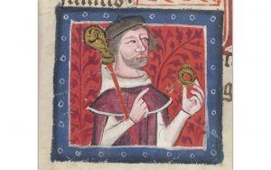 Henry of Blois holding his bishop's crosier and ring in the Golden Book of St Alban's, 1380 (© The British Library, Royal MS 14 C VII f8v)