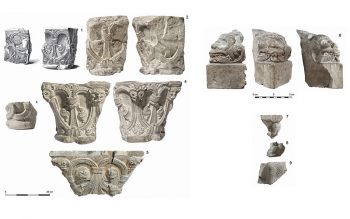 Fragments of sculpture illustrated by John Buckler and published by Richard Warner in 1826, and capitals from the Romanesque cloister built by Henry of Blois at Glastonbury.