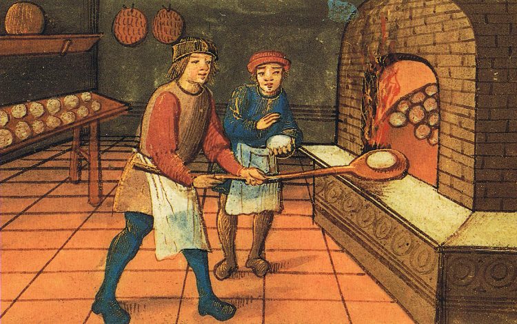 A medieval baker with his apprentice (The Bodleian Library, Oxford. Scanned from Maggie Black's 'Den medeltida kokboken', Swedish translation of The Medieval Cookbook; Wikimedia Commons)