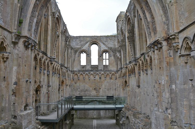 The Lady Chapel interior as it appears today. The roof and floor are lost, and the crypt chapel of Joseph of Arimathea is visible below the glass walkway.