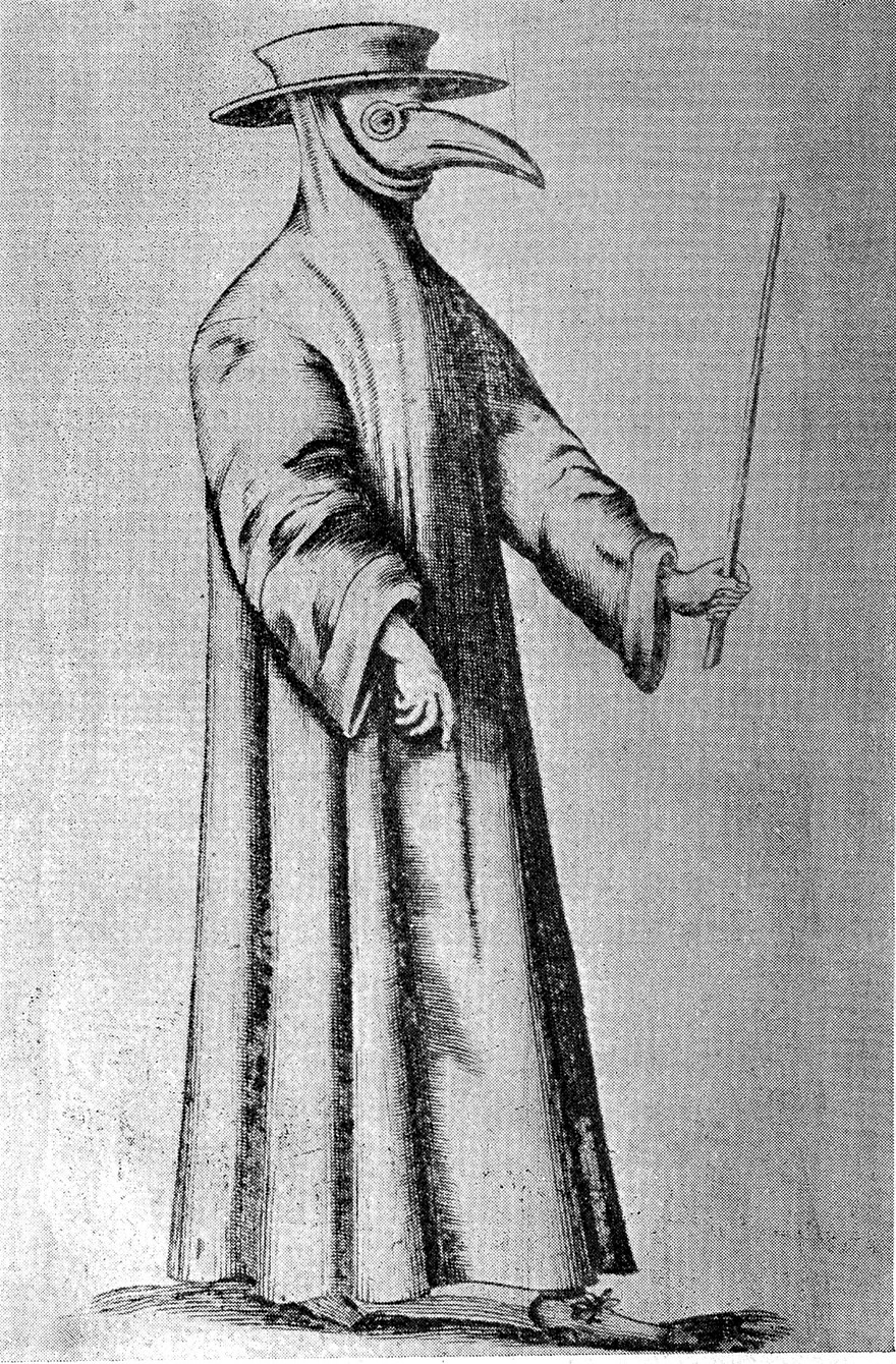 Drawing of doctor wearing protective mask during plague