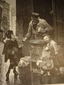 Sepia tint image of a victorian style chestnut seller