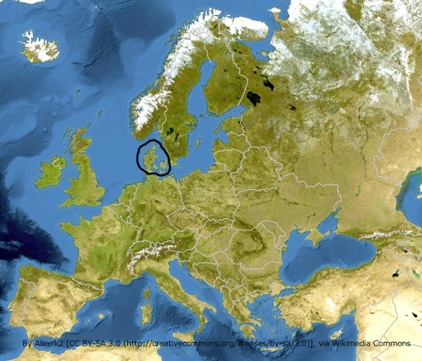 The location of Denmark marked on a map of Europe