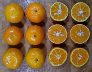 a grid of four wide by three high citrus fruit, the right hand side are half fruit showing sking thickness and contents