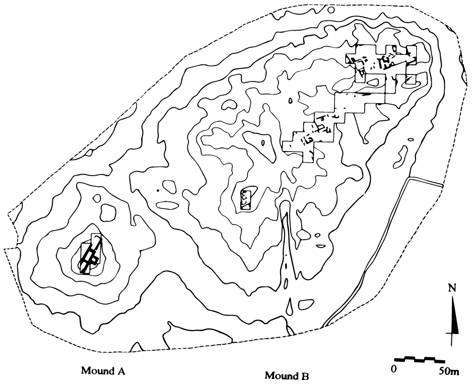 A line drawing showing geographic and archaeological features of the site of Jemdet Nasr