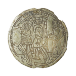 Medieval button badge showing the beheading of John the Baptist. Full description at https://portable-antiquities.nl/pan/#/object/public/44434
