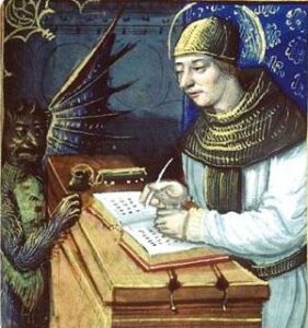 Titivillus is a demon said to introduce errors into the work of scribes. This is a 14th century illustration of Titivillus at a scribe's desk.