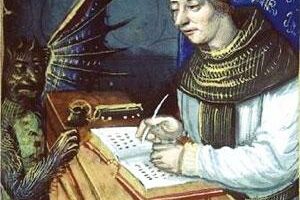 Titivillus is a demon said to introduce errors into the work of scribes. This is a 14th century illustration of Titivillus at a scribe's desk.