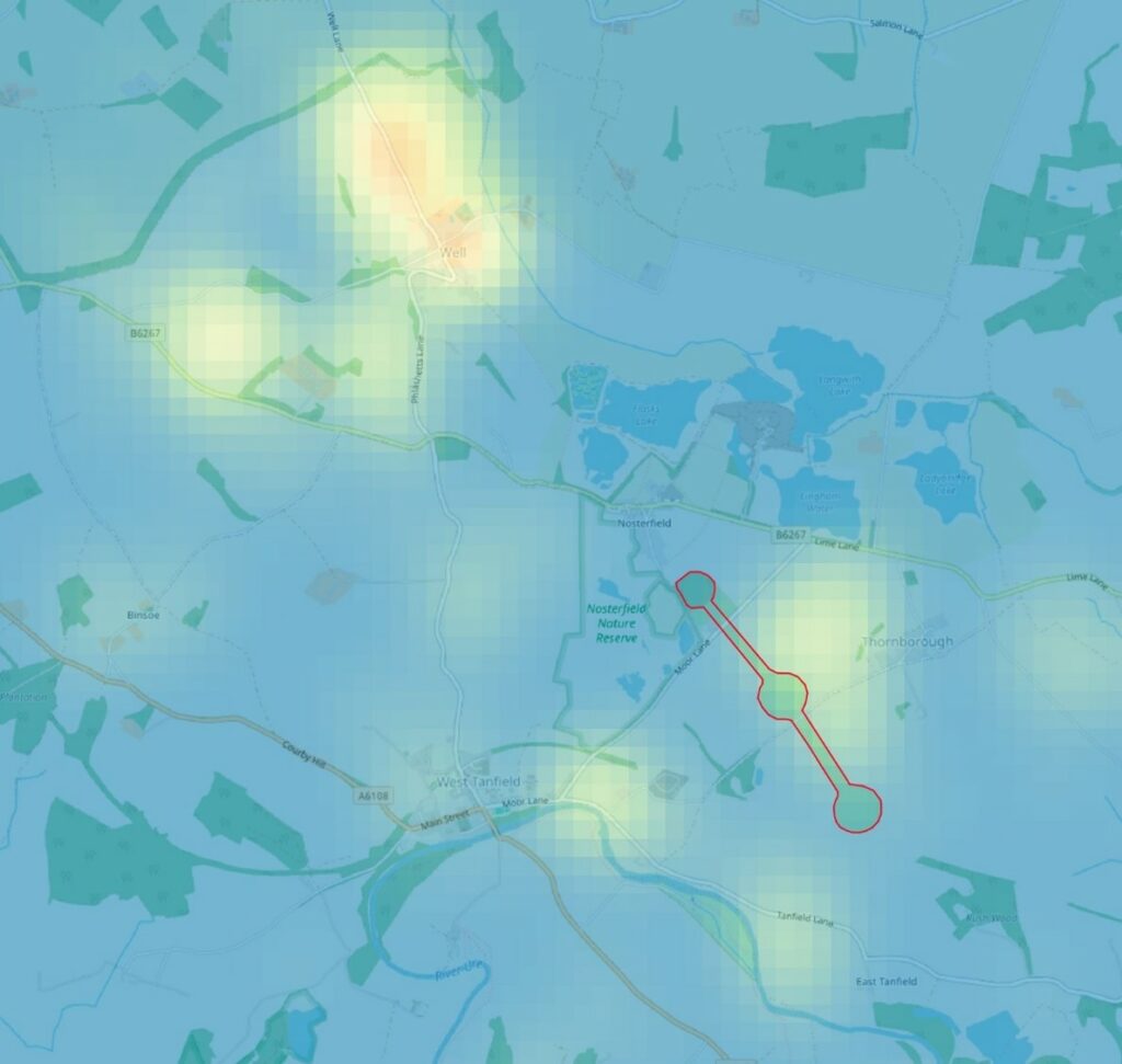 Map showing the Thornborough area with a smaller circular shape outlined in red near Nosterfield nature reserve that is joined by a diagonal red line to a slightly larger circular shape outlined in red to the south west. At the centre of the line, equidistant between both circles is the outline of a circle in red that is larger than both the other circles.