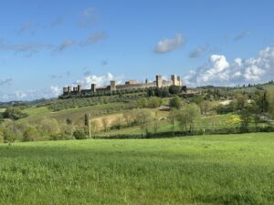 View of green fields surrounding a hill covered in green fields. A turreted wall with buildings on the other side is on top of the hill.