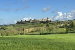 View of green fields surrounding a hill covered in green fields. A turreted wall with buildings on the other side is on top of the hill.