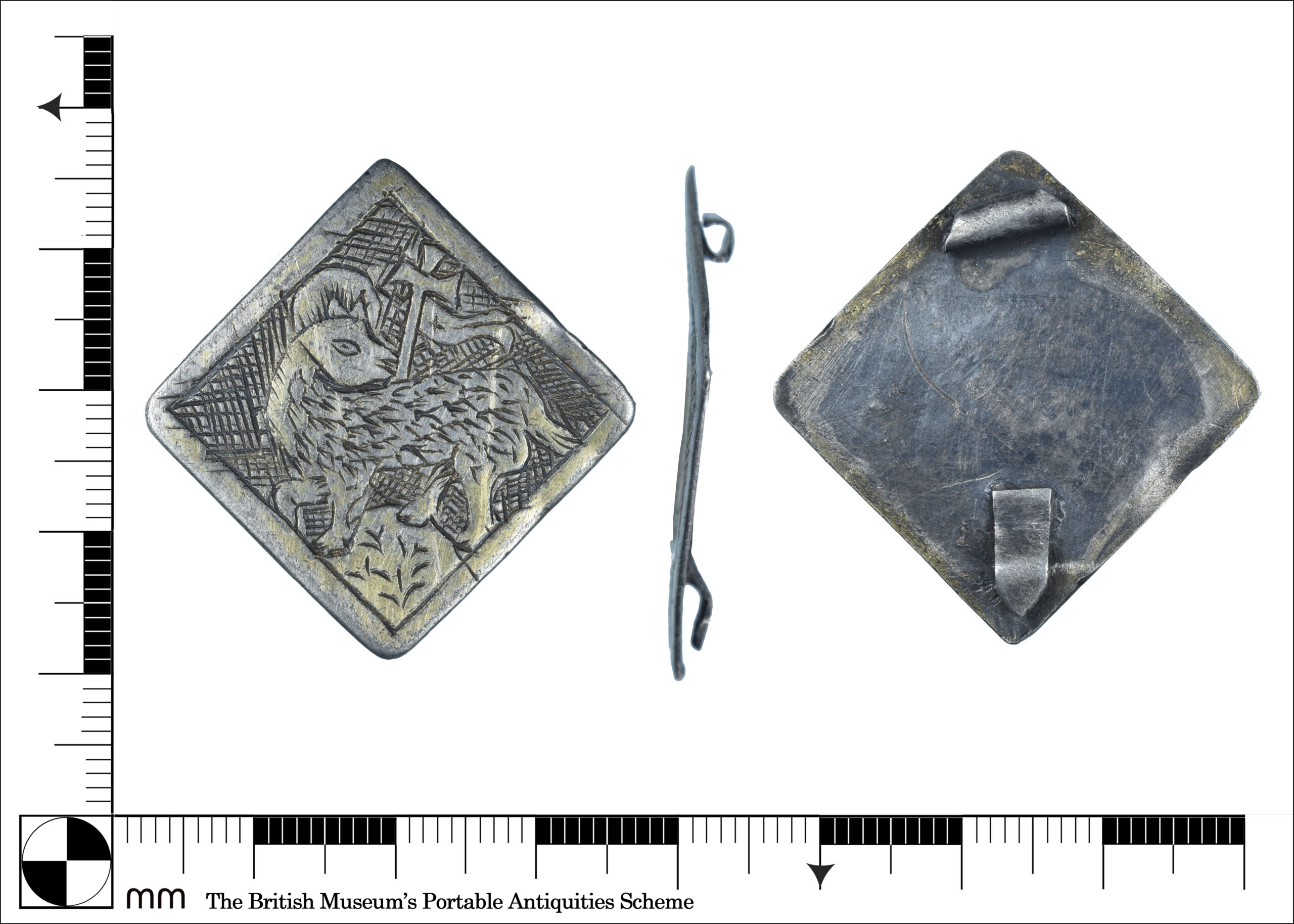 Silver square or lozenge shaped silver panel featuring an engraved Lamb and cross. Full description at https://finds.org.uk/database/artefacts/record/id/992821