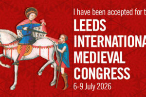 Acceptance notifications for Leeds International Medieval Congress 2026 on a red background with images of conference attendees above