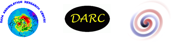 First DARC logo: north polar view of a geophysical field in false colour. Second DARC logo: black oval with yellow DARC. Third DARC logo: two swirls.