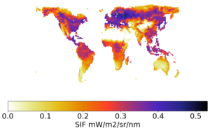 Solar induced fluorescence predicted by the JULES model globally for June 2013. Values range from 0 to just over 0.5 across the world. 