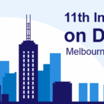 A blue and white city skyline