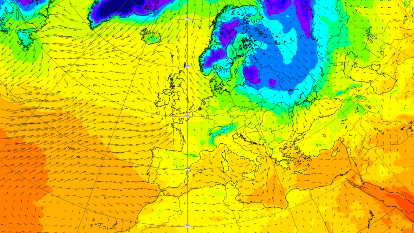 An AI generated forecast of 2m temperature and 10m wind from ECMWF.