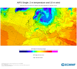 An AI generated forecast of 2m temperature and 10m wind from ECMWF.