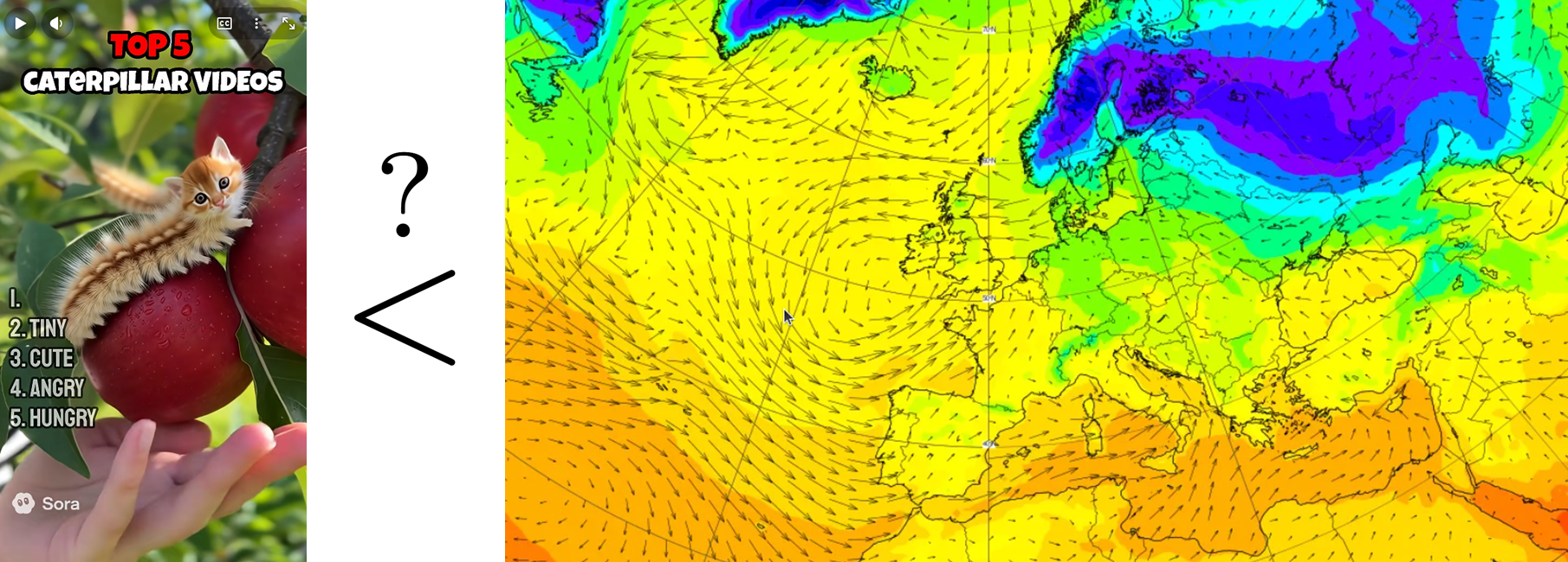A screenshot from a "YouTube Short" which shows the “Top 5 Caterpillar Videos” generated by an AI video model (left), and an AI generated forecast of 2m temperature and 10m wind from ECMWF (right). Perhaps the goal of numerical weather prediction has a more obvious direct benefit to society that other particular uses of AI or machine learning. XAI.