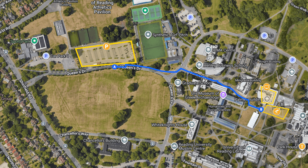 An ariel photograph of Whiteknights campus, with annotations showing where the International Observe The Moon Night event will take place.
