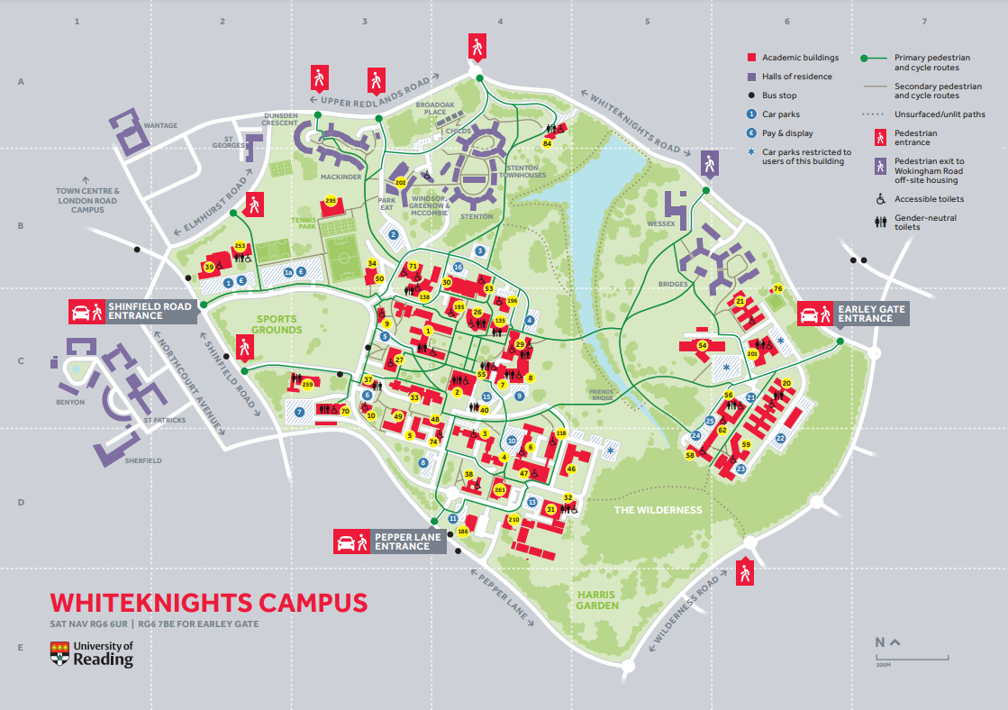 A map of Whiteknights Campus, University of Reading.