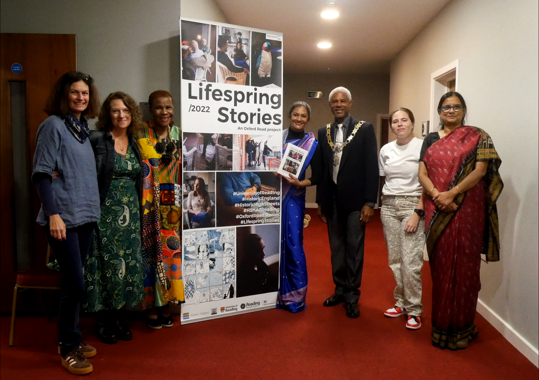 The project leaders and writers of Lifespring Stories photographed with the Mayor of Reading at the book’s launch on 16 October. From left to right: Robin Woronka, Dr Sally Lloyd-Evans, Dr Alice Mpofu-Coles, Priya Hunt, Mayor Glenn Dennis, Maisie Crittenden and Aparna Das.