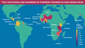 Map showing PICSA has reached thousands of farmers across more than 20 countries worldwide.